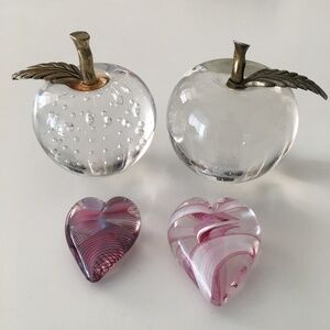 Art Glass 2 Apples & 2 Pink Swirl Hearts